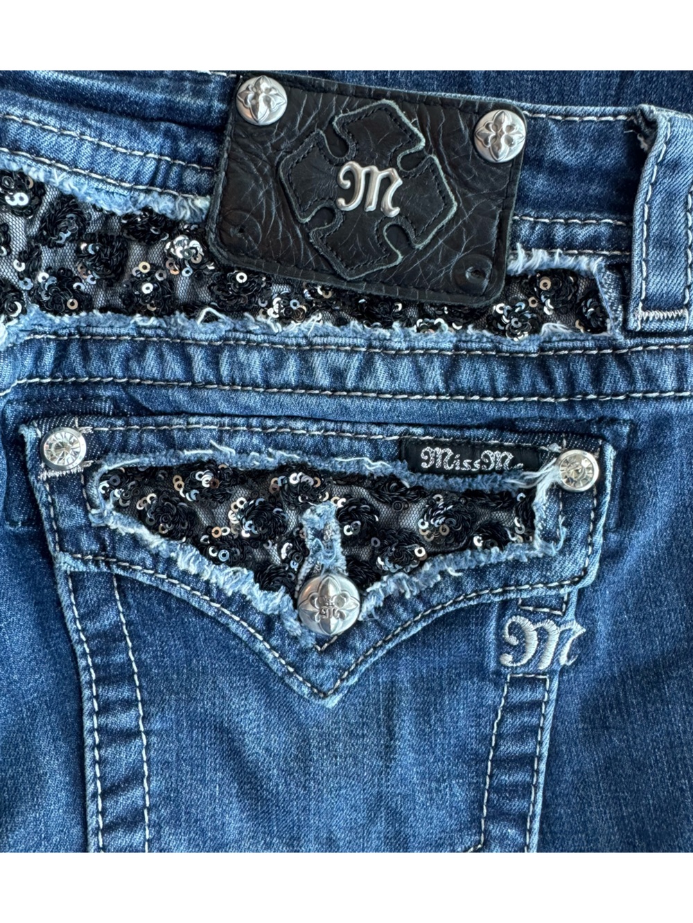 Y2K Miss Me Black Sequin Flap Pocket Bootcut Jeans Size 30 Low Rise Bootbarn - Picture 8 of 14